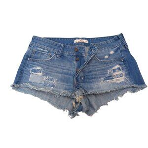 Hollister Cut Off Distressed Jean Shorts Womens 7 28 Inch Button Fly Blue Frayed